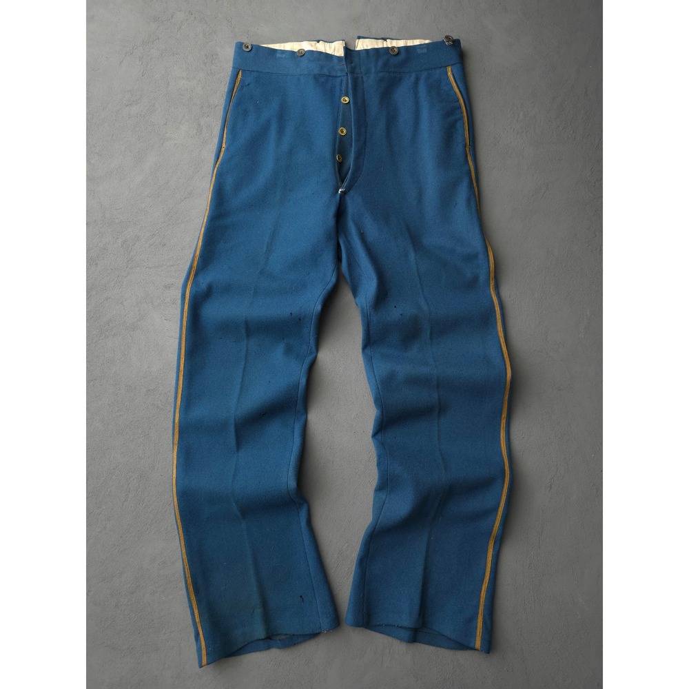 Vintage 1880s Blue French Military Trousers 33x31 Wool Gold Stripe